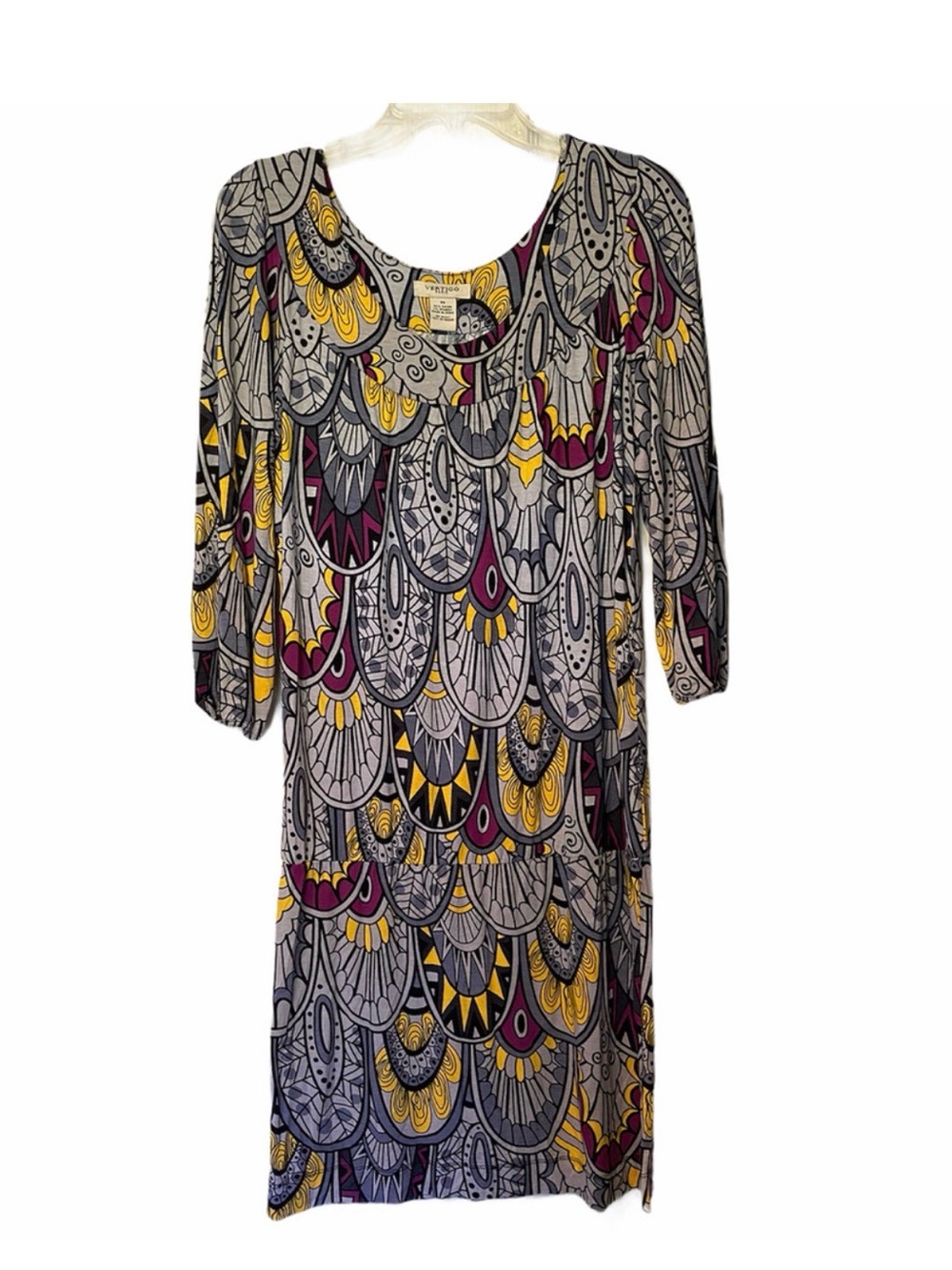 Vertigo Paris 3/4 Sleeve Scoop Dress in Gray, Yellow & Purple